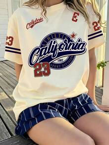 Tween Girl Letter Graphic Print Round Neck Casual T-Shirt - Apricot - View 9