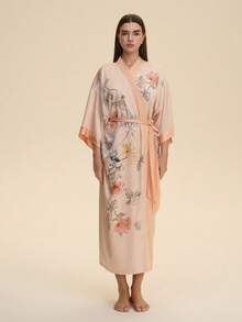 Vintage Loose Elegant Sweet Fashion Commuter Kimono Cardigan Floral Print Robe Casual Homewear Tie Belt Bathrobe Lightweight Summer Beach Swimsuit Cover Up - Coral Orange - View 3