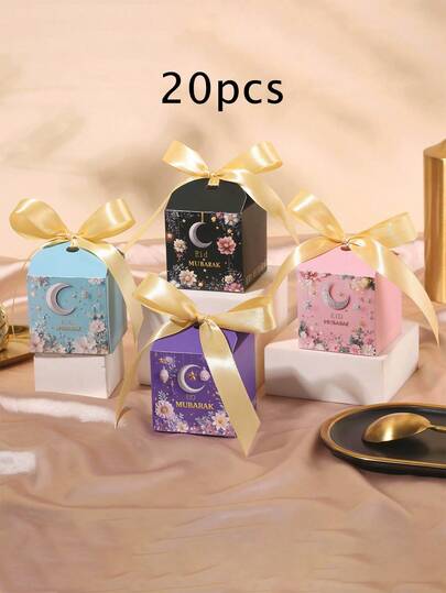 20pcs Ramadan Theme Gift Box Set, 4 Different Styles, Freely Combinable. Premium Paper Gift Box Decorated With Gold Ribbon Bow. This Small Gift Box Is Made Of High-Quality Cardboard, With Moon, Star And Flower Pattern Lining.