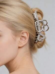 An Ins Style Silver Heart Rhinestone Hair Claw - Exquisite Metal Clip For Sweet & Elegant Updo/Bang Fixing Versatile Hair Accessory Women Hair Accessories Fashion Claw Clips Elegant Hair Clutch Casual Hair Jaw Clip For Valentine's Day Accessories Gift - Multicolor - View 5