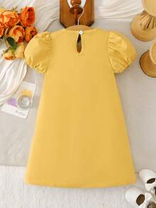 Young Girls Summer New Girls Solid Color 3D Bow Decor Patchwork Plaid Casual Gigot Sleeve Dress - Yellow - View 2