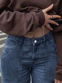 Women's High Waist Cargo Wide Leg Jeans, Blue Wash Denim Multi Pocket Streetwear Pants - 深藍色 - 查看 5