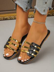 Metallic Strap Slide Sandals, Versatile Casual Outdoor Wear - Black - View 5
