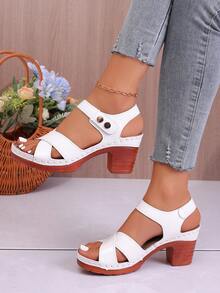 Sandalias de verano de punta abierta, plataforma de madera vintage, tacón grueso y macizo, diseño con hebilla de correa - Blanco - Ver 2