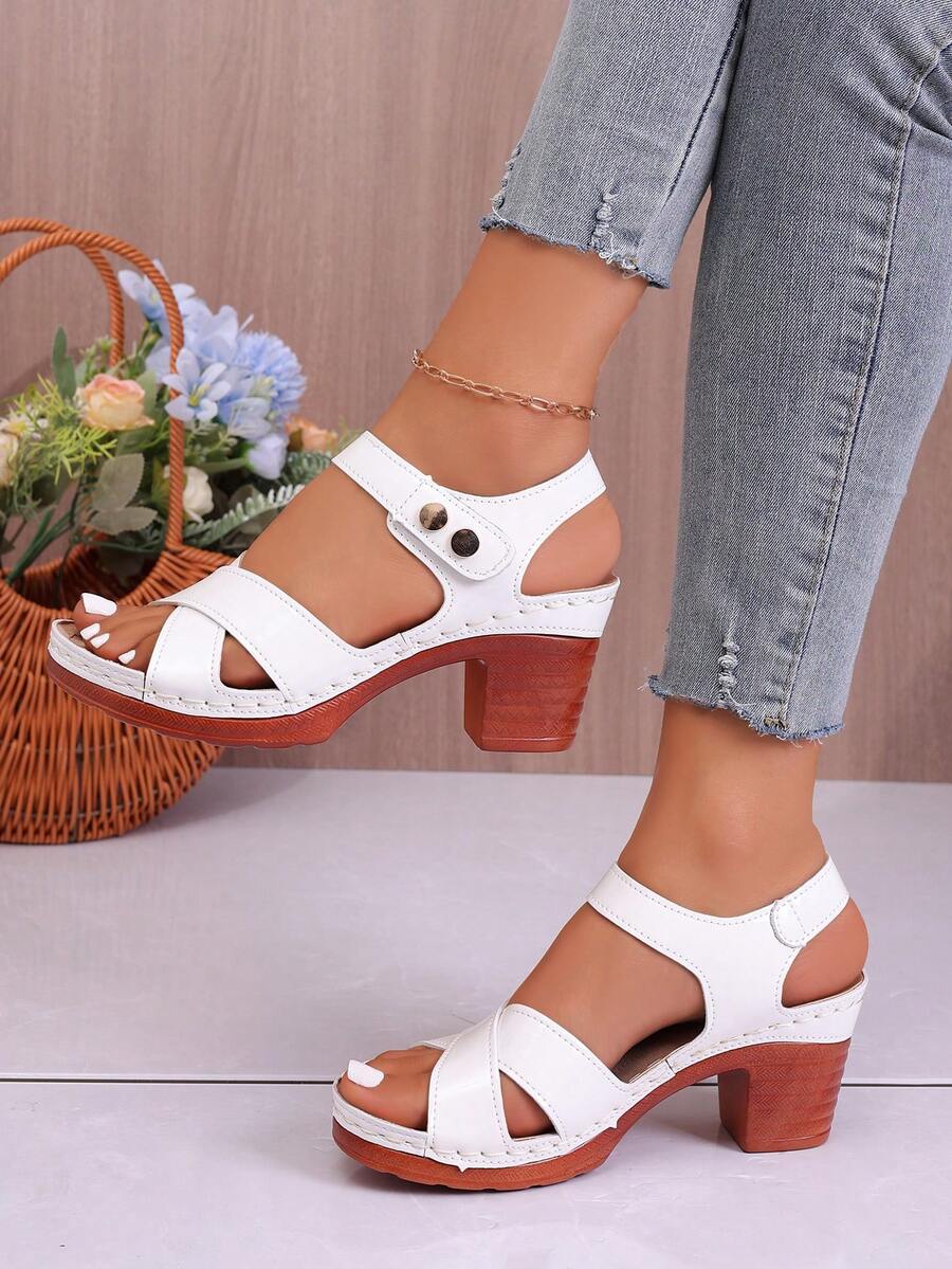 Sandalias de verano de punta abierta, plataforma de madera vintage, tacón grueso y macizo, diseño con hebilla de correa
