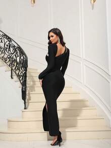 Love Aing 女士奢华黑色晚礼服，魅力四射的高端长袖侧开衩闪亮水钻蝴蝶装饰时尚性感优雅派对正式礼服，适合约会、单身派对、聚会、舞会、毕业典礼、盛大晚宴、婚礼等场合，小码春季款 - 黑色 - 查看 11