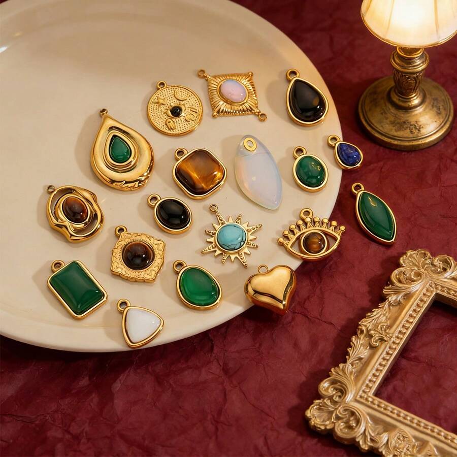 1件不锈钢18K镀金复古水滴形、方形、太阳形、绿松石形、虎眼石形等吊坠，手工DIY手链项链饰品配件，日常佩戴