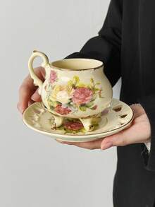 1 Set (1 Cup + 1 Saucer) Nordic Style English Ceramic Rose Coffee Cup & Saucer Set, Hollow Heart Saucer, American Latte Coffee Cup & Saucer, High-End Classical Palace Style Afternoon Tea Cup, Office/Home Tea Cup Set, Breakfast Milk Mug, Valentine's Day/Birthday Gift, Party Supplies, Gift For Boyfriend/Girlfriend - Multicolor - View 14