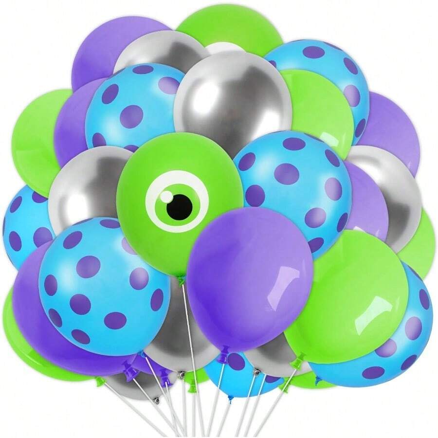 D60Pcs 12 In Cartoon Monster Theme Balloons Green Purple Blue Sier Latex Balloons For Birthday Baby Shower Party Decor - 銀色 - 查看 1