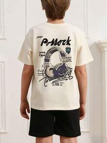1pc Tween Boy Casual Headphone Graphic Print Short Sleeve T-Shirt, Summer Top For Young Students - Apricot - View 4