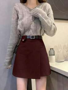 Falda midi de lana de corte asimétrico y cintura alta con diseño de línea A para mujer - Burdeos - Ver 4