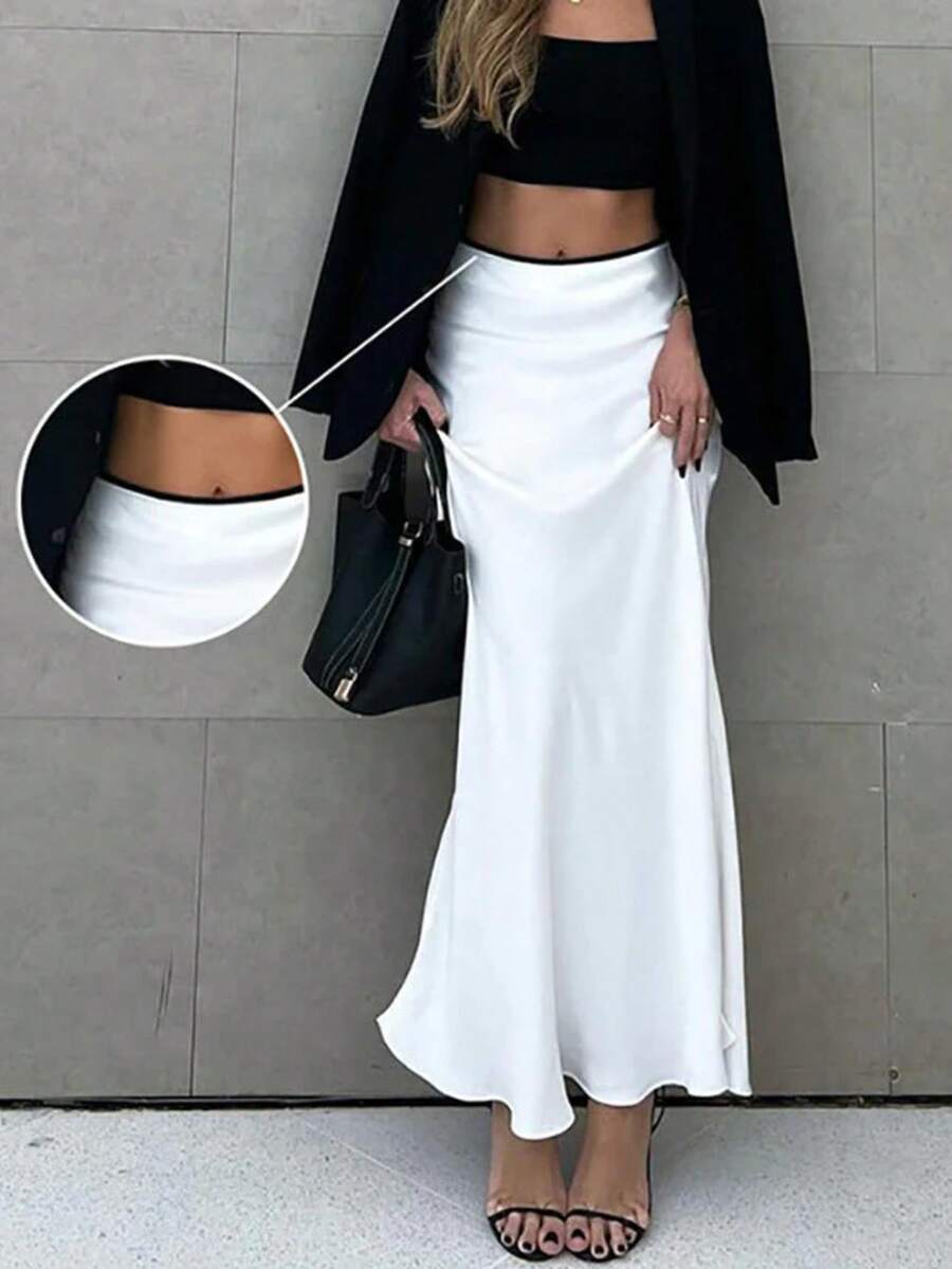 Women's Elegant Casual Color Block High Waist Maxi Skirt, Suitable For Dates White Spring - White - View 1