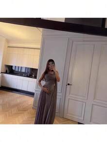Spring And Summer Women's Pleated Streamer Satin Evening Dress - 紫色 - 查看 4