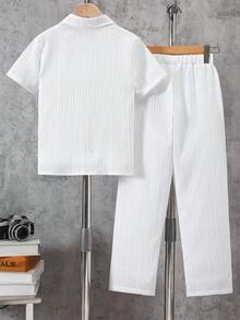 2 pezzi/set Camicia a maniche corte e pantaloni lunghi per ragazzi, effetto stropicciato, con tasche simmetriche e colletto alla coreana, outfit casual per bambini di 8-12 anni - Bianco - Visualizzare 2