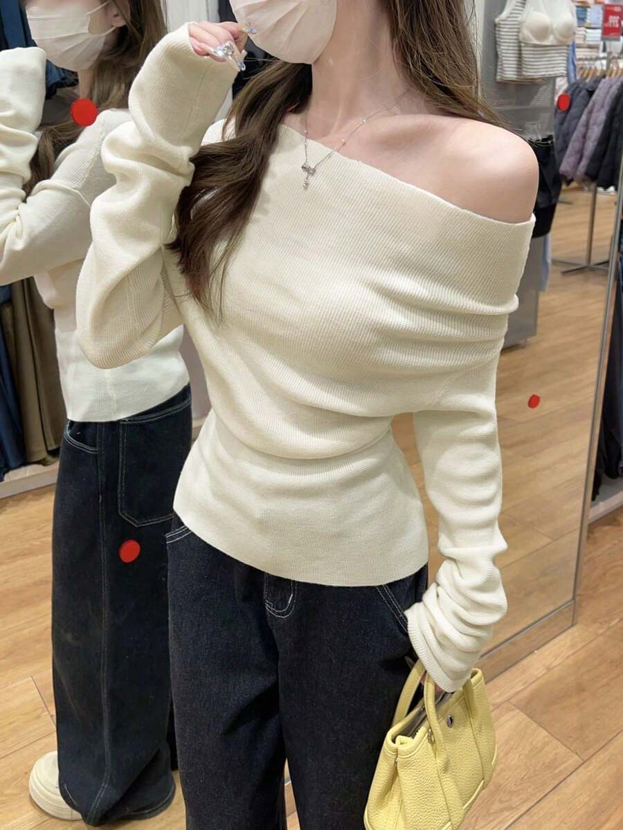 春季韩版优雅露肩修身针织长袖套头衫 - 杏色 - 查看 1