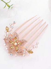 Women's Elegant Crystal Flower Hair Comb, Hair Accessory, Bridal Hair Clip, Bun Maker, Side Comb - Champagne - View 3