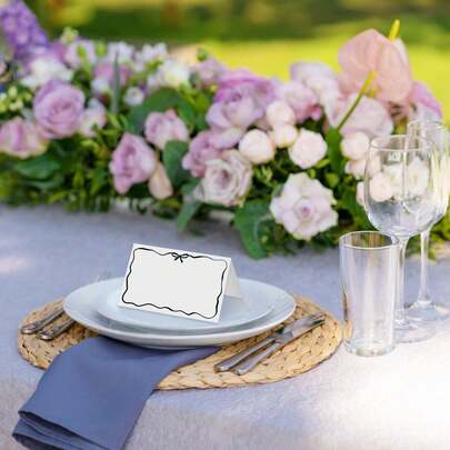 黑色蝴蝶结波浪边桌卡，空白姓名卡，适用于宴会、婚礼、婴儿派对、生日派对和活动座位卡套装