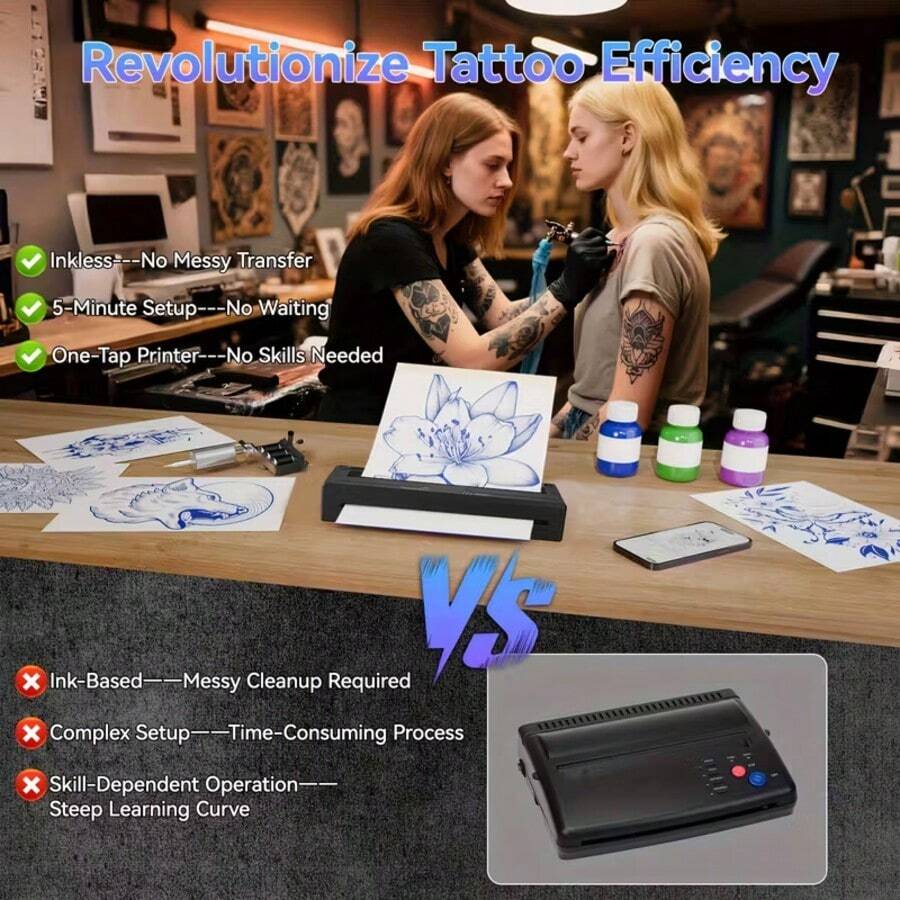 MAIBAFANG The M8 Portable Tattoo Stencil Printer Is A Specialized Tattoo Printer That Comes With 6 Sheets Of Tattoo Transfer Paper And 6 Sheets Of A4 Thermal Paper. It Is Suitable For Both Tattoo Artists And Beginners And Is Compatible With Mobile Phones, Tablets, And PCs. Ideal For Home Use. - 黑色 - 查看 1