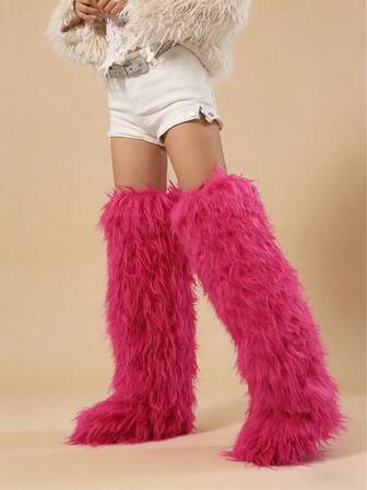 Plus Size Fashion Snow Boots For Autumn/Winter, Outdoor Super High Shaft Faux Fur Lined Thigh High Snow Boots