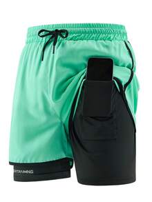 1 pezzo Pantaloncini sportivi tinta unita, anti-sfregamento, leggeri, a doppio strato, unisex, adatti per corsa, attività all'aperto, palestra, primavera/estate - Menta Verde - Visualizzare 5