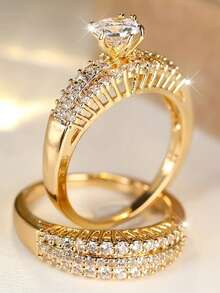 1 Set New Creative Copper Material Zirconia Stone Couple Rings, Suitable For Commuting, Engagement, Party Wear - Ring Set - View 8