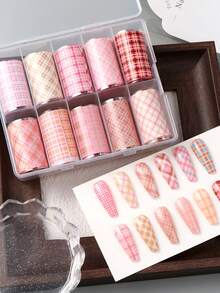 FULL BEAUTY 10片粉色美甲贴纸，格子几何条纹图案，美甲装饰