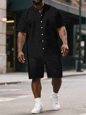 Conjunto de camisa y pantalones cortos de talla grande para hombres, camisa de manga corta y pantalones cortos de dos piezas, unicolor que se puede lavar a máquina, talla grande.