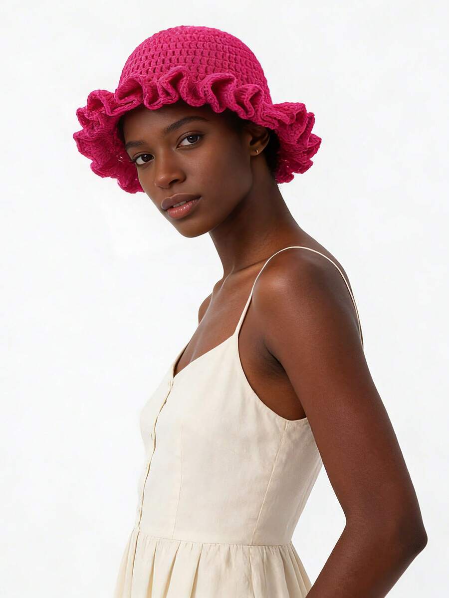 1pc Bohemian Rose Red Pleated Solid Color Knit Hat, Black Brimmed Hat, Bohemian Style, Casual Cute Elegant Retro Street Style Hollow Knit Fisherman Hat, Autumn/Winter Knit Fisherman Hat, Suitable For Valentine's Day, Christmas, Holiday Gifts