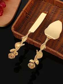 1 Set Gold Alloy Cake Tools, European Wedding Birthday Party Cake Pizza Cutter Knife, Cake Scraper Set With Elegant Rose Handle, Wedding Gift, Bridal Shower Gift, Baking Tools; Suitable For Halloween, Christmas, Birthday Party - Multicolor - View 12