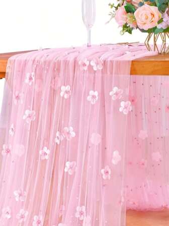 CHEONET-Elegant White Pearl Tulle Table Runner - Lightweight Chiffon Beaded Bridal Veil With Lace Overlay, Perfect For Wedding Receptions & Bridal Showers