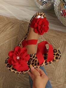 豹纹红玫瑰珍珠装饰女士平底凉鞋，舒适交叉弹力带沙滩度假风露趾凉鞋，布面凉鞋，时尚优雅可爱圆头凉鞋，适合春夏穿着 - 紅色 - 查看 8