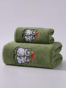 1pc/2pcs Valentine's Day Gift - Coral Terry Towel Set Or Single Towel, Bathroom Accessories Bathroom Set, Adorable Embroidered Cat Design, Soft & Quick-Drying, Lightweight & Portable Suitable For Face, Body, Hair, Pool & Gym Use - Unisex/Couples Gift - Green - View 10