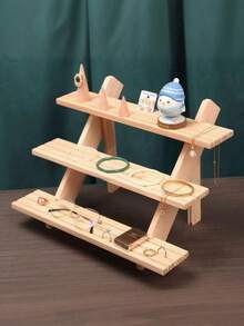 1pc Jewelry Display Rack, Multi-Tier Wooden Desktop Storage Organizer, Versatile Plant Flower Shelf, Wooden Step Shelf, Jewelry Display Stand, Trinket Holder - Beige - View 5