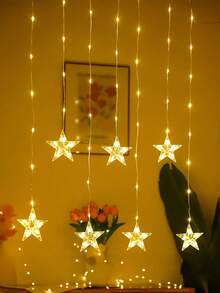 1pc 2m 82LED Cute Star Shaped Window Curtain Decor String Lights, Battery Powered Star Fairy Lights, Indoor Bedroom Wall Decor Lights, Wedding Party Holiday Decoration Lights - Clear - View 5