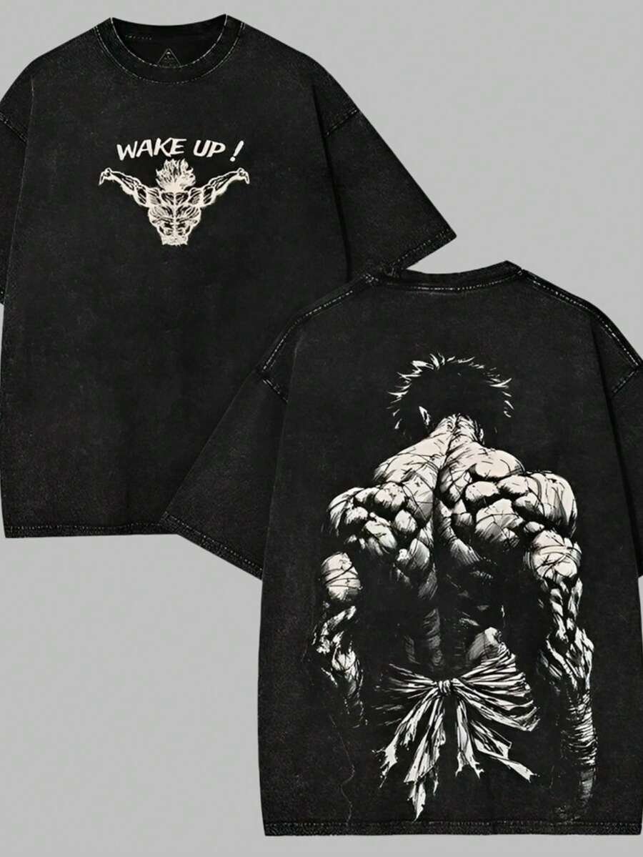 Retro-Style Limited Edition Heavyweight Anime Shirt Featuring Baki Vs. Kengan Ashura. Printed Washed Shirt/T-Shirt - Double-Sided Print, Retro Wash, Heavyweight Design. - màu đen - Xem 1