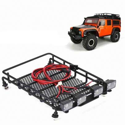 LED Light-Up Roof Rack For RC Car - Quadrate Luggage Mount For SCX10 1/10 Scale Crawler (4 White Lights)
