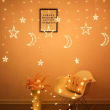 1pc 5-Pointed Star & Moon Panoramic LED Curtain Light, 2026 New Star & Moon Curtain Light - USB Powered, Star & Moon Divider Fairy Lights, LED String Lights, Dreamy Starry Sky Style, Suitable For Room, Living Room, Window, Stairs, Balcony, Gift, Party Decor, Holiday Decor - Stars and Moon - View 15