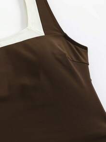 Women's One-Piece Square Neck Swimsuit, Vintage Elegant Knotted Brown & Apricot Color Block High Cut Drawstring Hem Beach Holiday One-Piece Swimwear - Brown - View 8