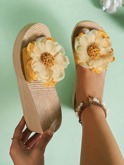 Women's Thick Sole Sandals, Yellow Chrysanthemum Decor Rope Bottom Slippers, Casual Vacation Shoes, Essential Summer Travel Footwear
