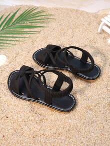 Girls' Sandals Summer New Roman Casual Flat Sandals Toddler & Little Kid Soft Bottom Printed Open Toe Beach Shoes - Black - View 6