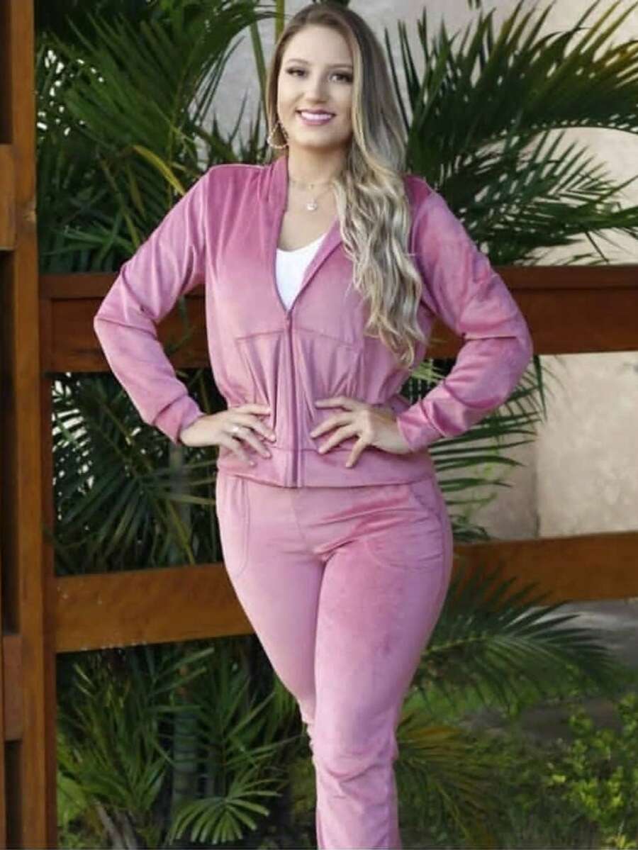 Women's Comfortable Plush Velvet Jacket And Pants Set With Hood And Zipper - Casual - 乾枯玫瑰色 - 查看 1