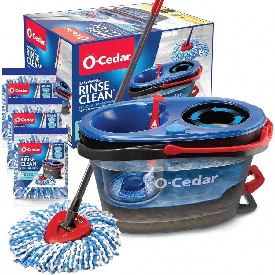 RinseClean Spin Mop Bucket System Clean With Clean Removes 99 Of Bacteria - Bộ lau nhà xoay Rinseclean kèm xô + 3 miếng lau thay thế + Hệ thống vệ sinh - Xem 1