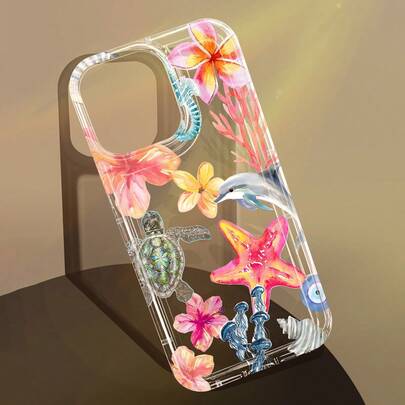 1pc Shockproof Fashion Ocean Elements Starfish, Sea Turtle, Jellyfish, Hibiscus, Coral, Dolphin Pattern Anti-Slip Transparent Airbag Phone Case Compatible With IPhone 11/12/13/14/15/16 Pro Max Spring Gift