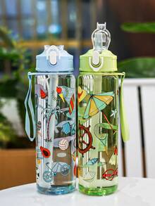 1pc 750ml/26oz Cute Cartoon Pattern Straw Water Bottle, Lightweight, Durable, Suitable For Camping, Running, Daily Use, Holiday & Birthday Gift - Multicolor - View 4