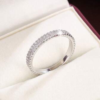1pc Minimalist Double Row Cubic Zirconia Women Ring, Casual Holiday Gift