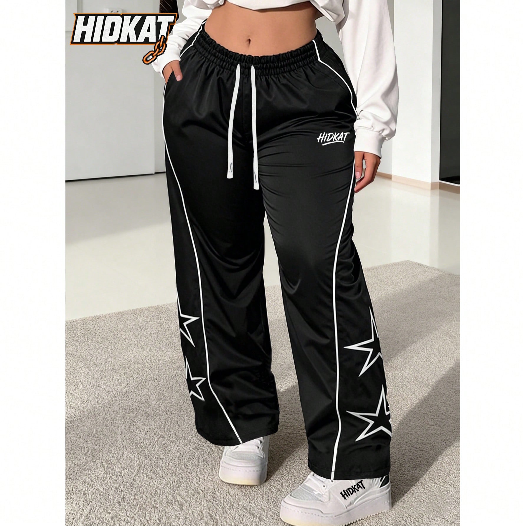 Pantalones anchos y sueltos para mujer, con estampado de estrellas, diseño de líneas, estampado de letras, unicolor, estilo callejero al aire libre,