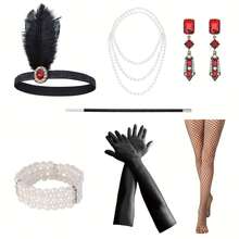 1920s Flapper Party Dress: Sequin Fringe Headband, Layered Pearl Necklace + Long Gloves, Recreating The Exuberance And Elegance Of The Jazz Age - Multicolor - View 9