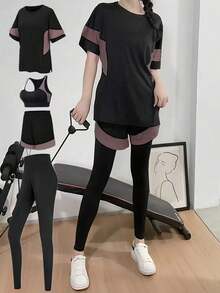 Conjunto minimalista feminino para fitness com 4 peças: Top esportivo para yoga, camiseta folgada para corrida, legging justa, shorts casuais para ciclismo, roupa para academia. - Roxa - Ver 1
