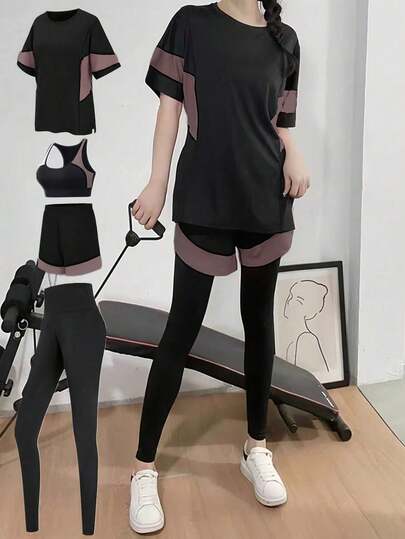 女士极简健身套装（4件套）：瑜伽运动文胸、宽松跑步T恤、修身打底裤、休闲骑行短裤、夏季健身房运动服