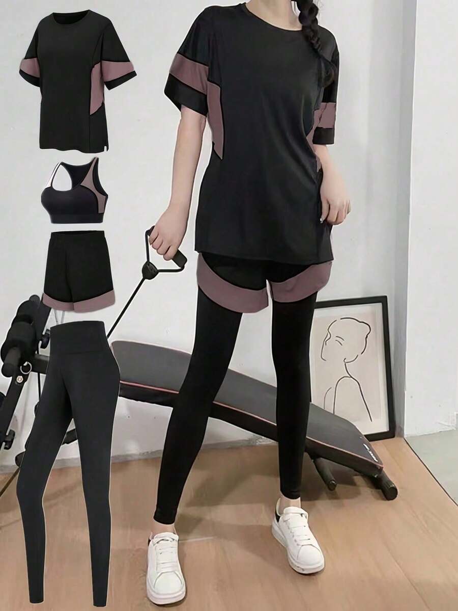 Conjunto minimalista feminino para fitness com 4 peças: Top esportivo para yoga, camiseta folgada para corrida, legging justa, shorts casuais para ciclismo, roupa para academia. - Roxa - Ver 1